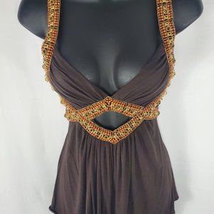 CRYSTAL GEMS GOLD BEADED BELT & STRAP V NECK BLOUSE
